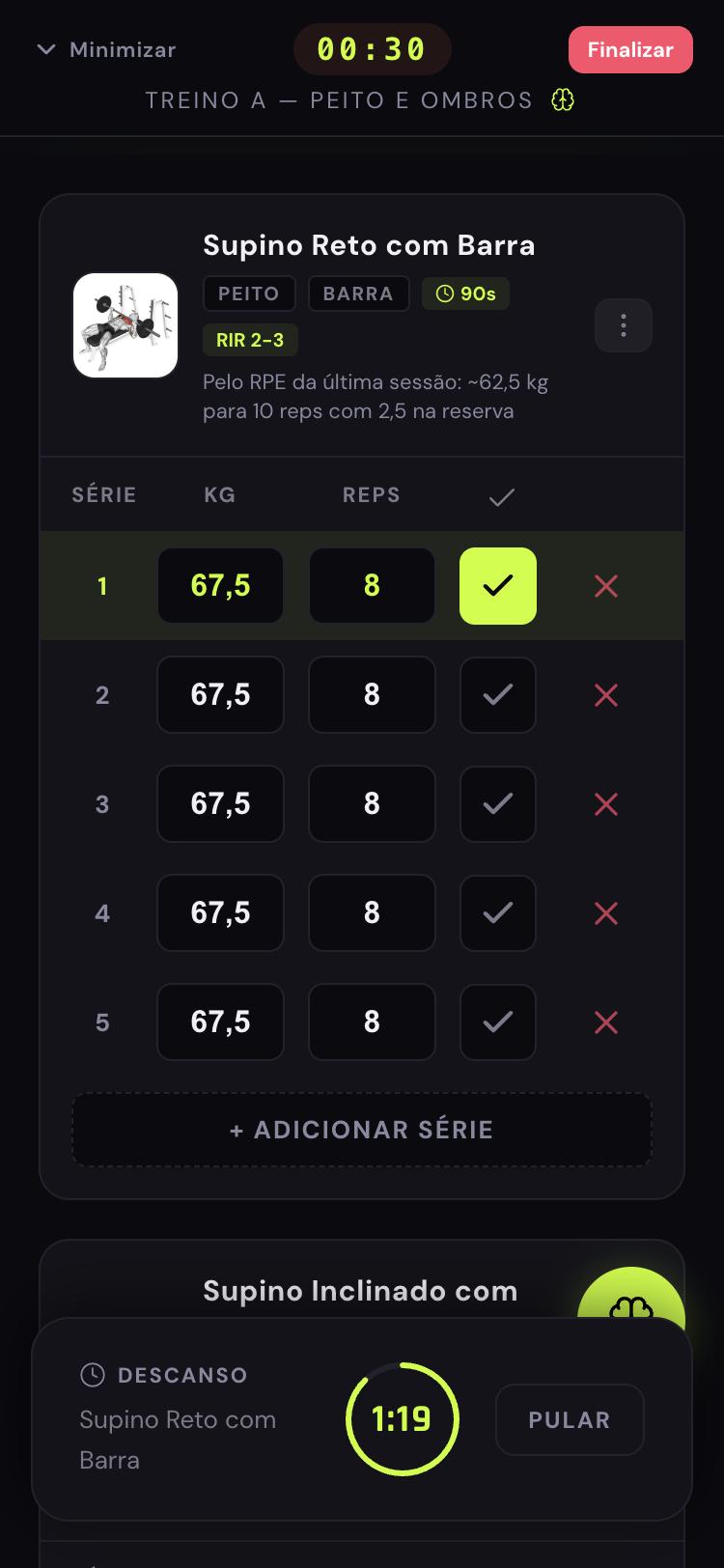 Active workout with sets, load and rest timer